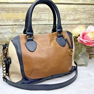 Audrey Brooke Tri Color Block Genuine Leather Purse Shoulder Bag Satchel Tote